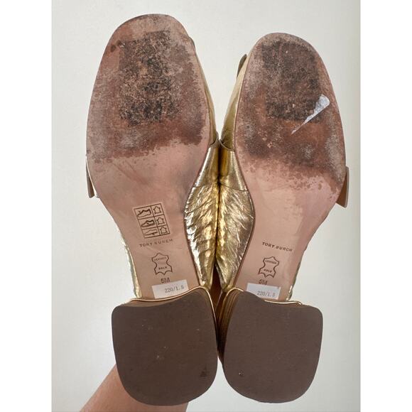Tory Burch Multilogo Kiltie Fringe Metallic Gold Loafer Mule - US 5M - Picture 3 of 7